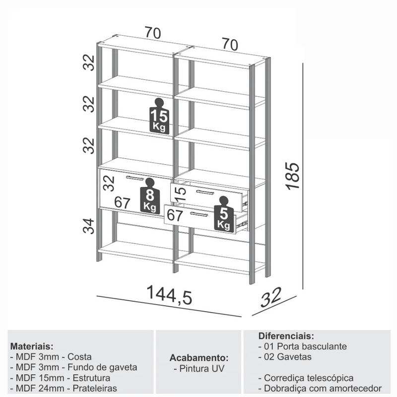 Kit 02 Estantes Com Prateleiras Freijó com Preto