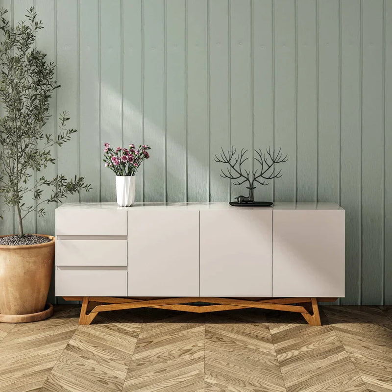 Buffet Oasi com Vidro pés em Madeira de Eucalipto estrutura em MDF cor Off-White